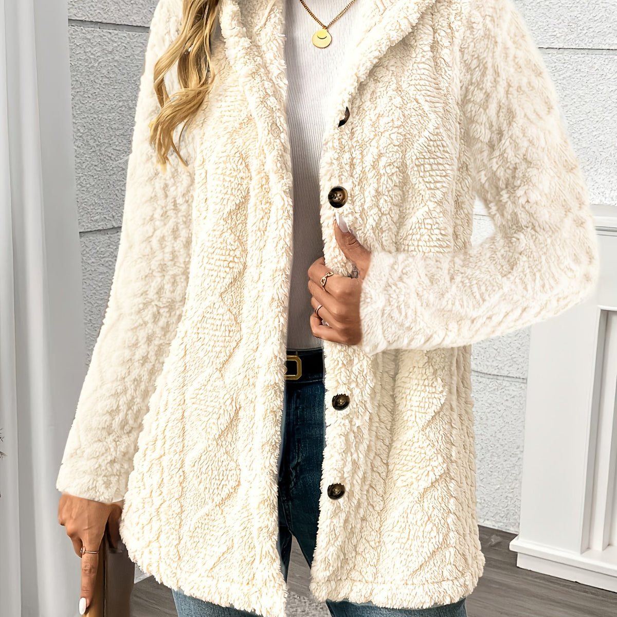 Gema | Chaqueta teddy con capucha y textura de rombos