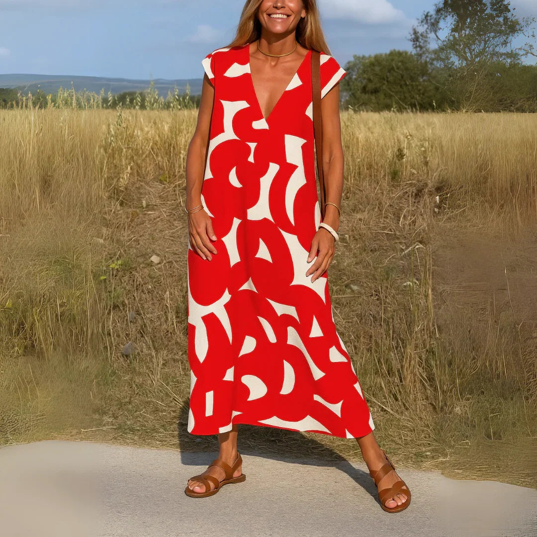 Rebeca | Vestido estampado con escote en V y detalles calados