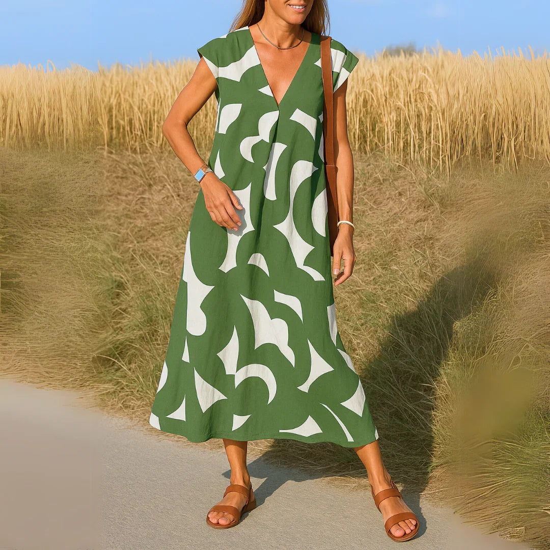 Rebeca | Vestido estampado con escote en V y detalles calados