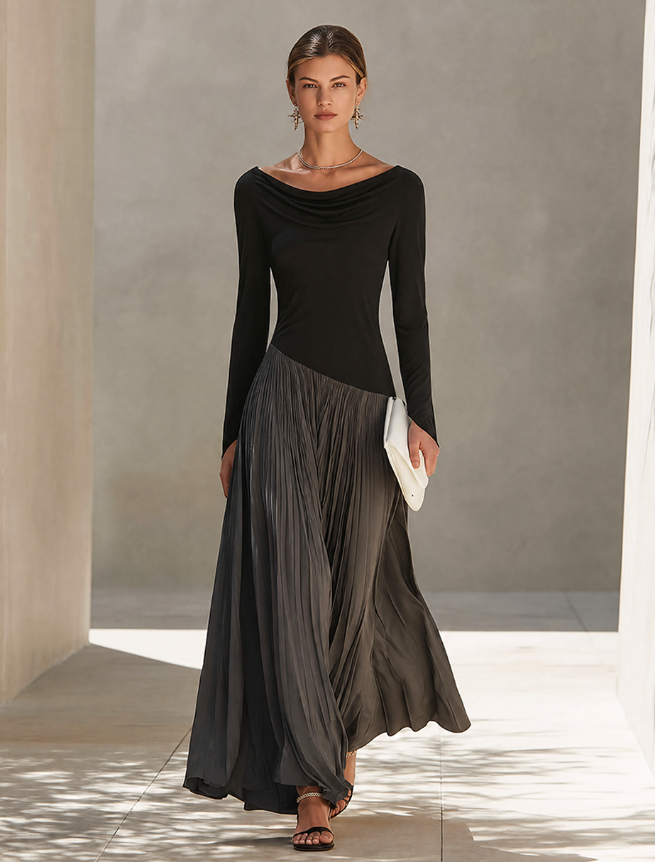 Lorena | Vestido Largo Bicolor Escote Drapeado