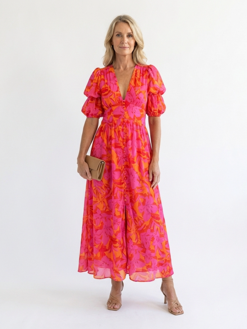Rocío | Vestido Midi Floral Manga Abullonada