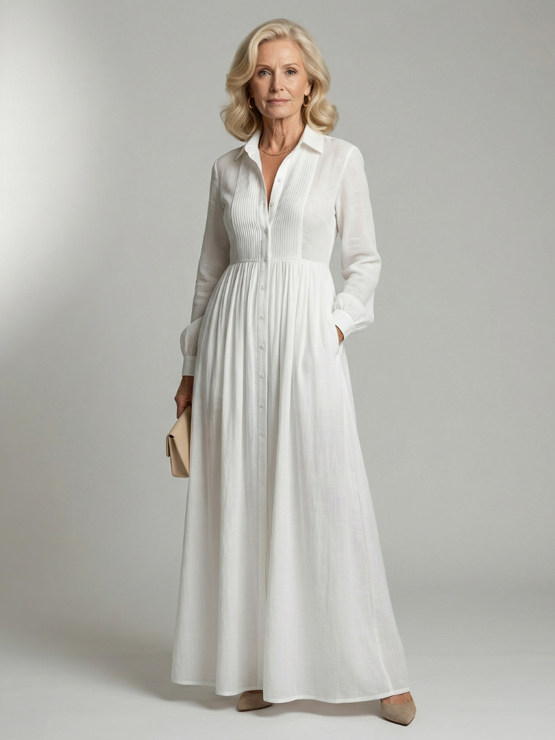 Blanca | Vestido Maxi Manga Larga con Bolsillos