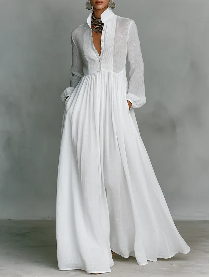 Luna | Vestido maxi minimalista plisado con cuello camisero