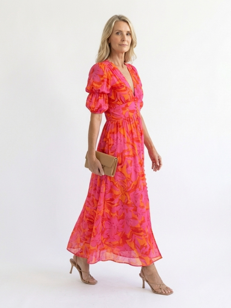 Rocío | Vestido Midi Floral Manga Abullonada