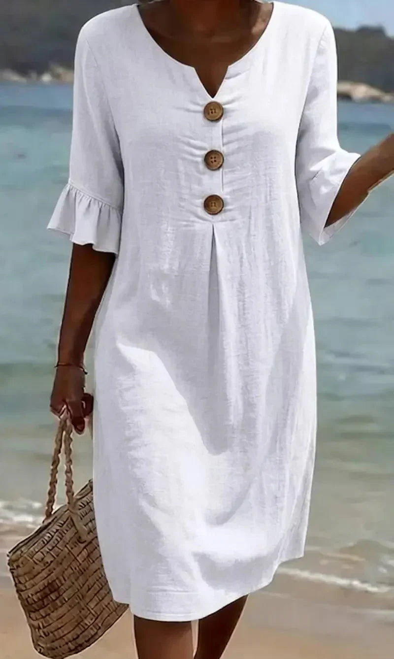 Mónica | Vestido de algodón y lino con manga abullonada y botones