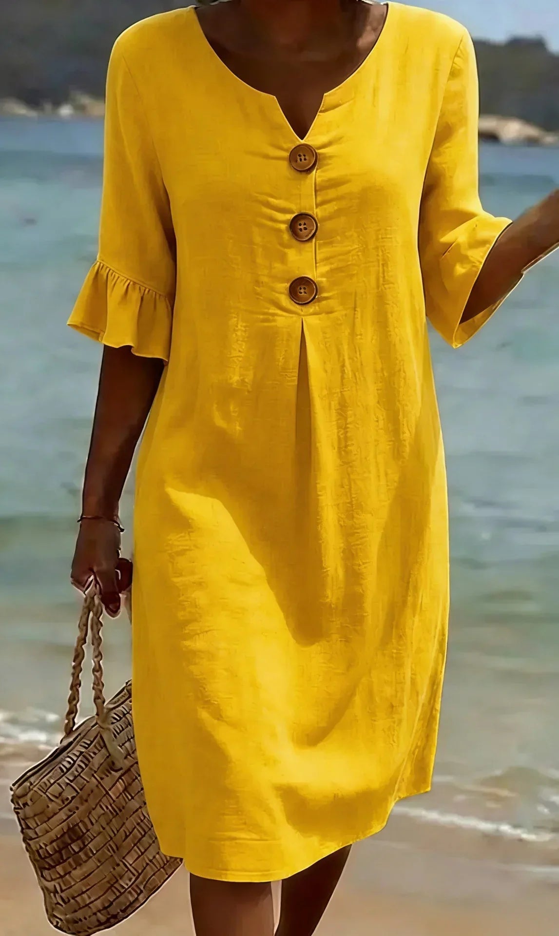 Mónica | Vestido de algodón y lino con manga abullonada y botones
