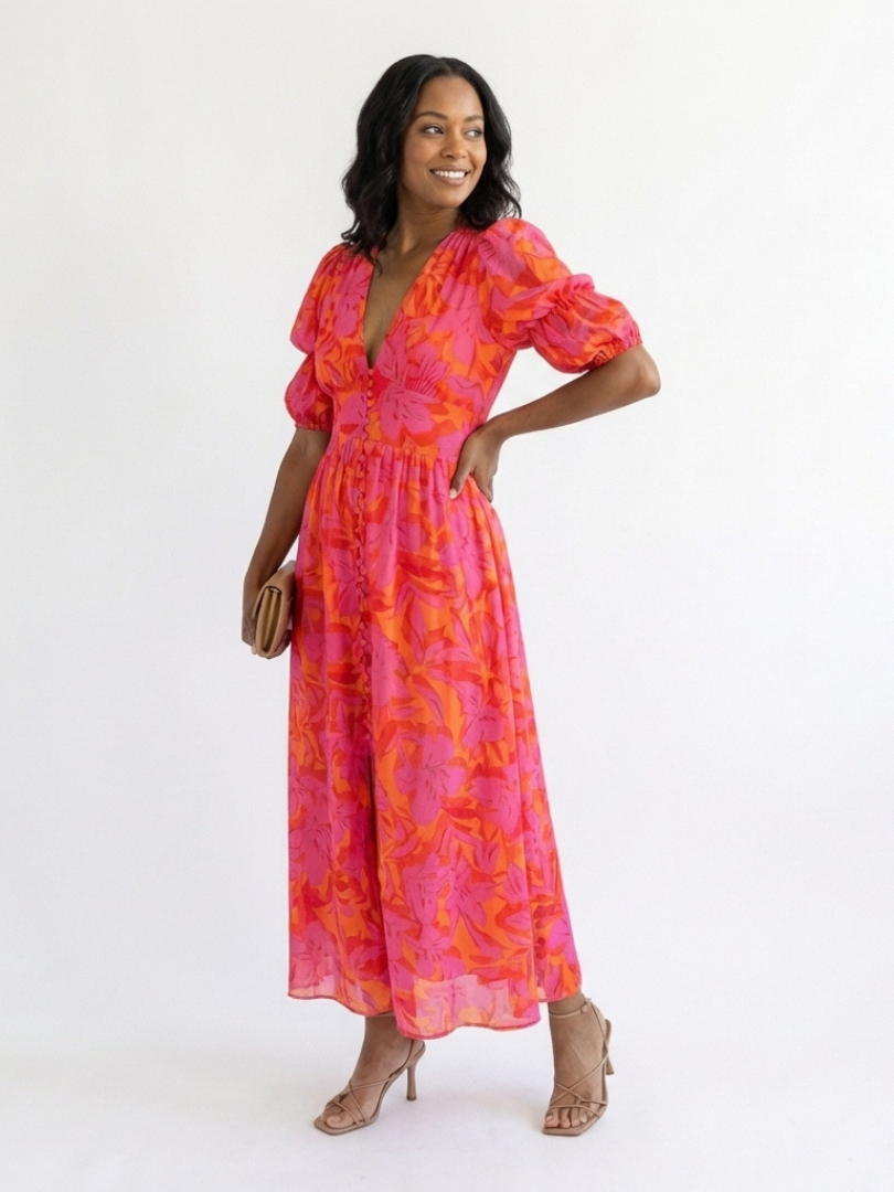 Rocío | Vestido Midi Floral Manga Abullonada