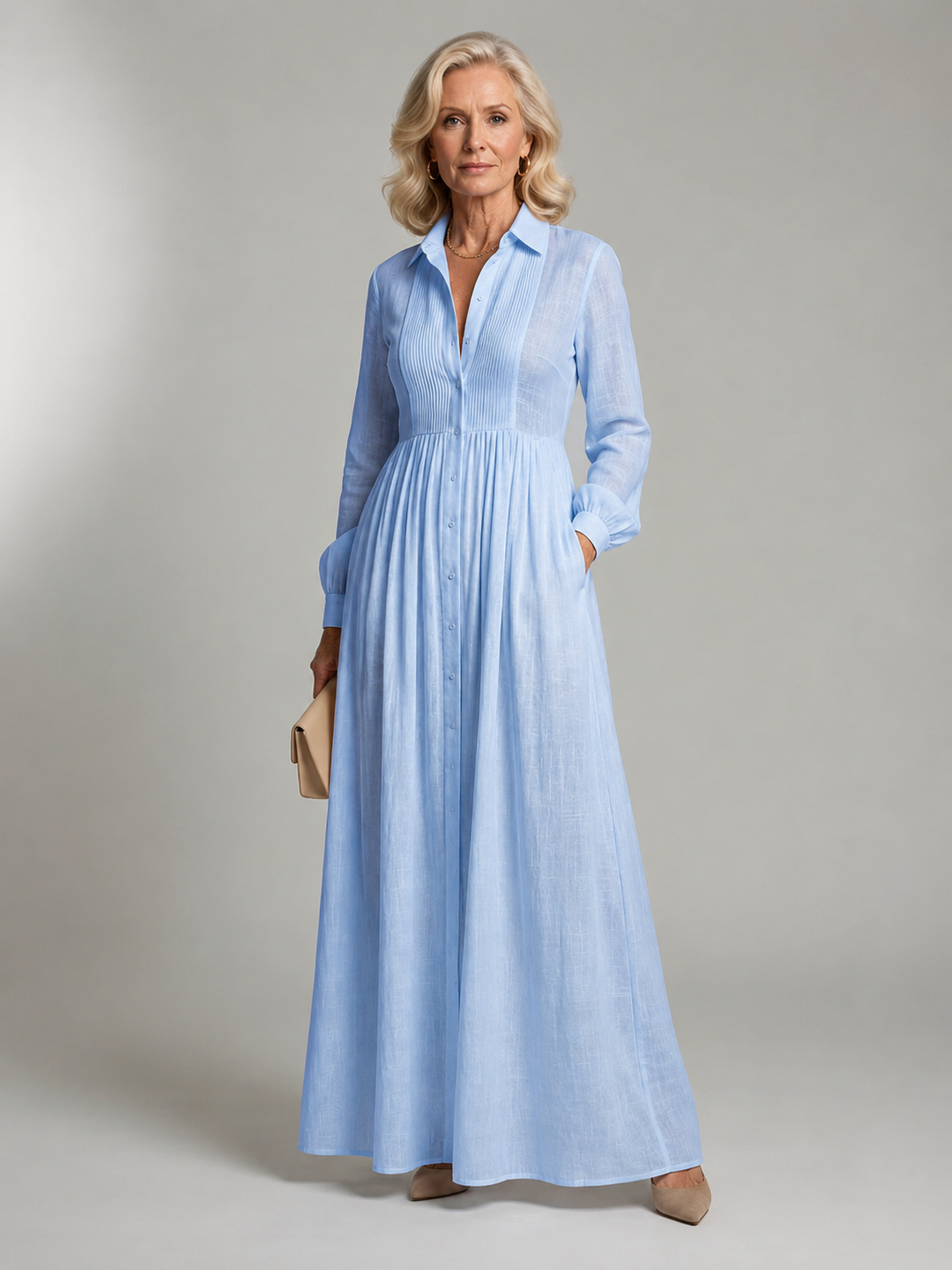 Blanca | Vestido Maxi Manga Larga con Bolsillos