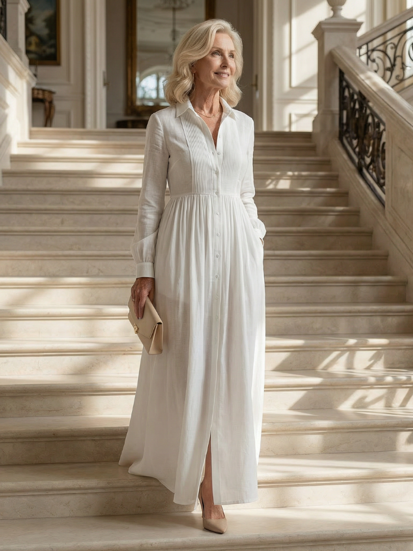 Blanca | Vestido Maxi Manga Larga con Bolsillos