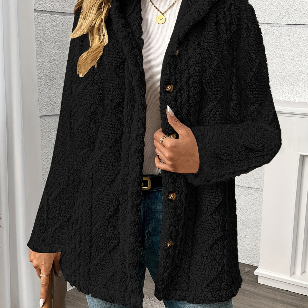 Gema | Chaqueta teddy con capucha y textura de rombos