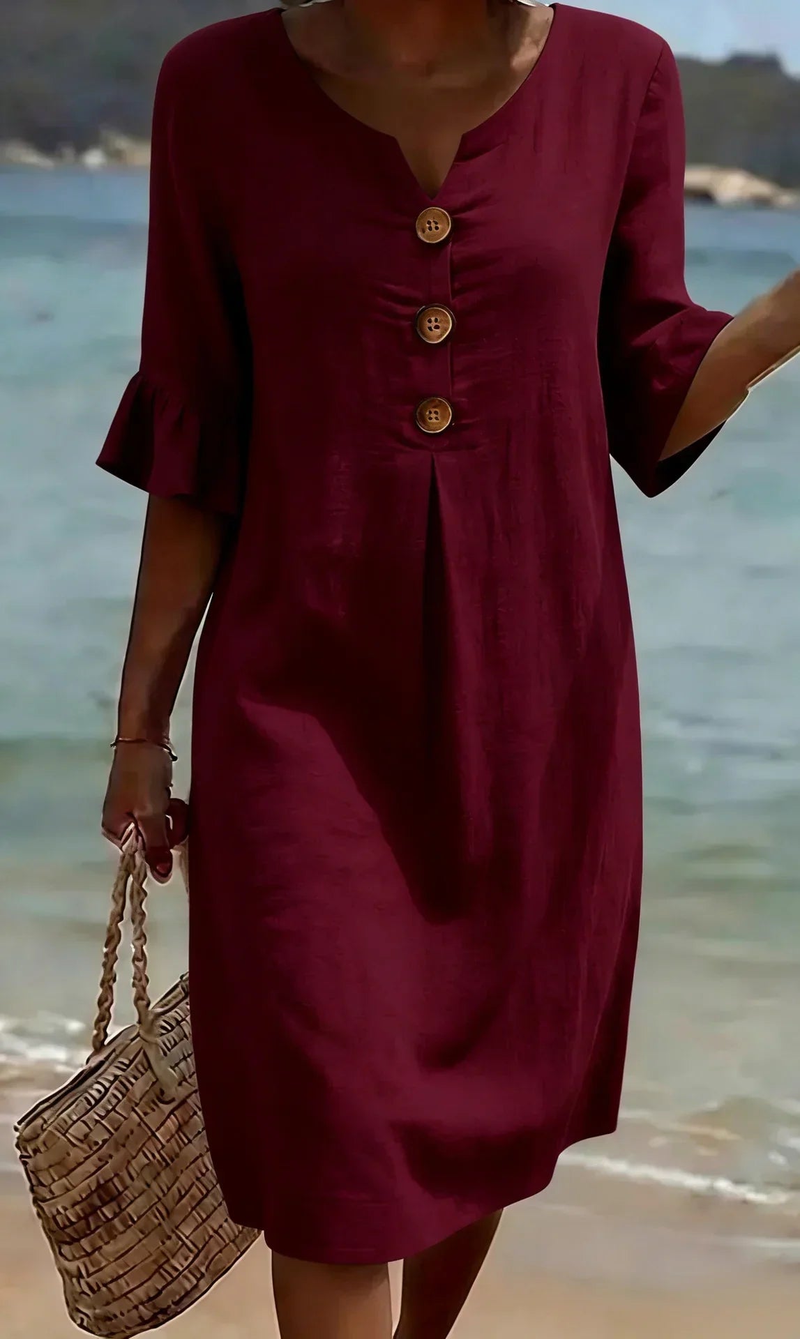 Mónica | Vestido de algodón y lino con manga abullonada y botones