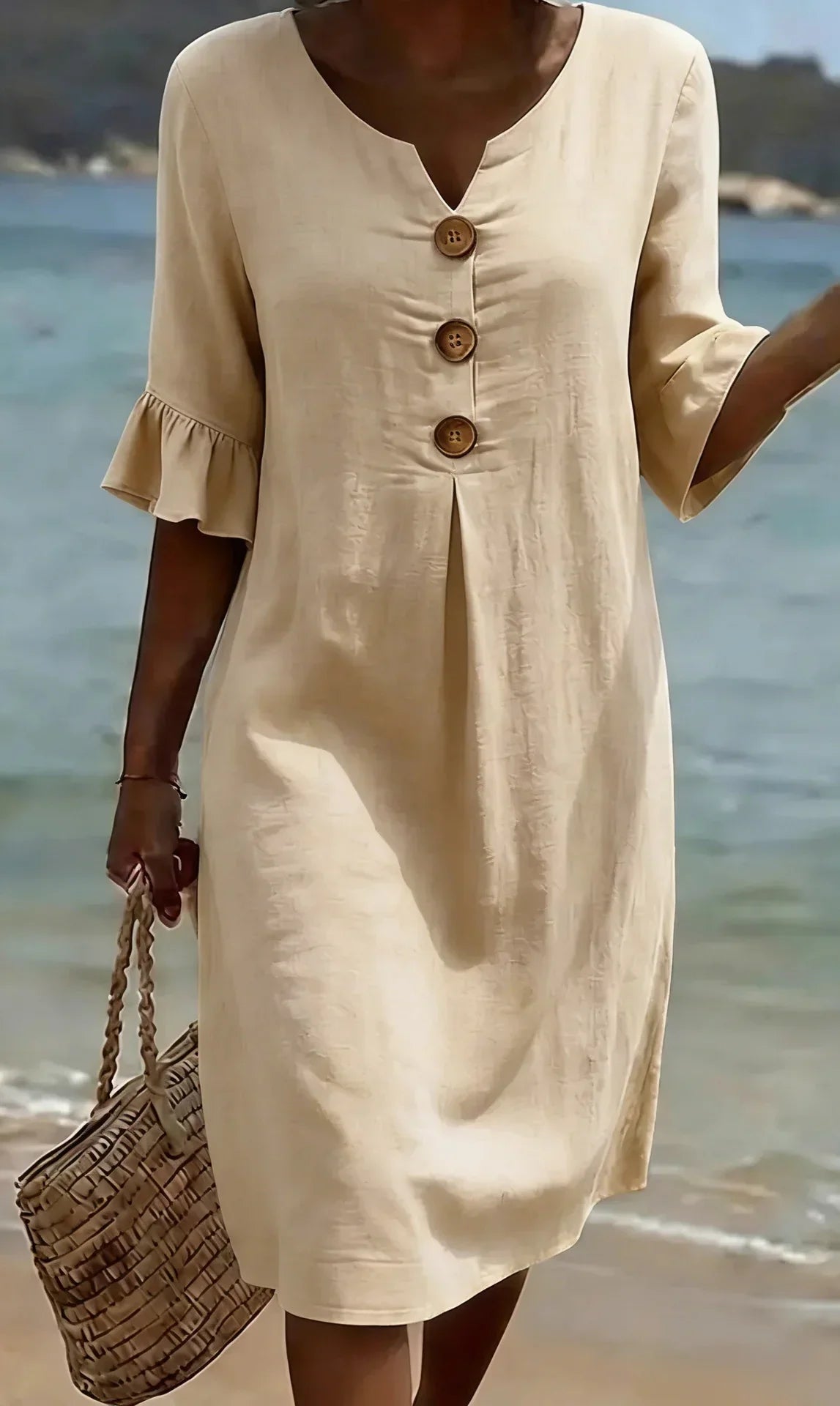 Mónica | Vestido de algodón y lino con manga abullonada y botones