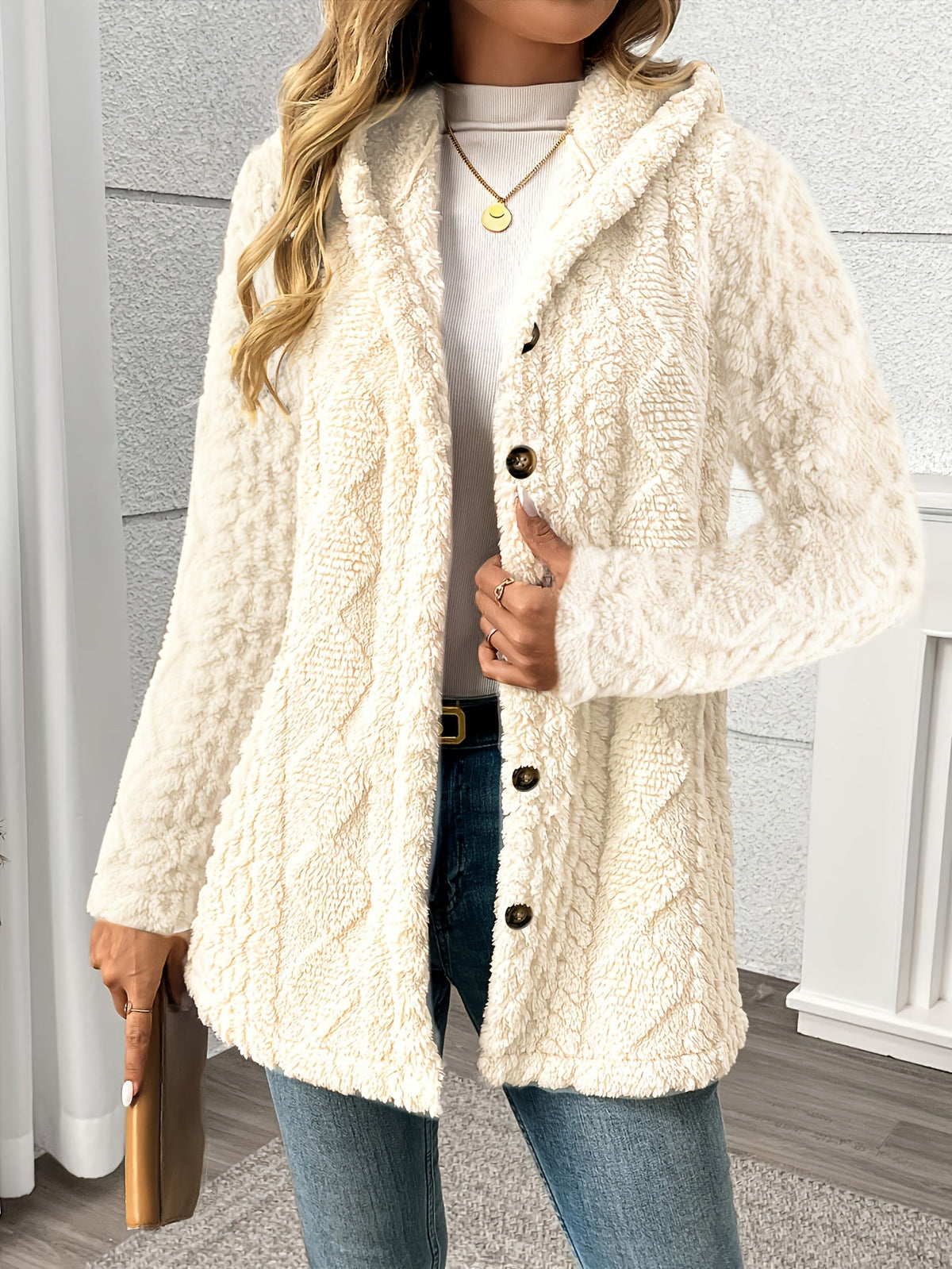 Gema | Chaqueta teddy con capucha y textura de rombos