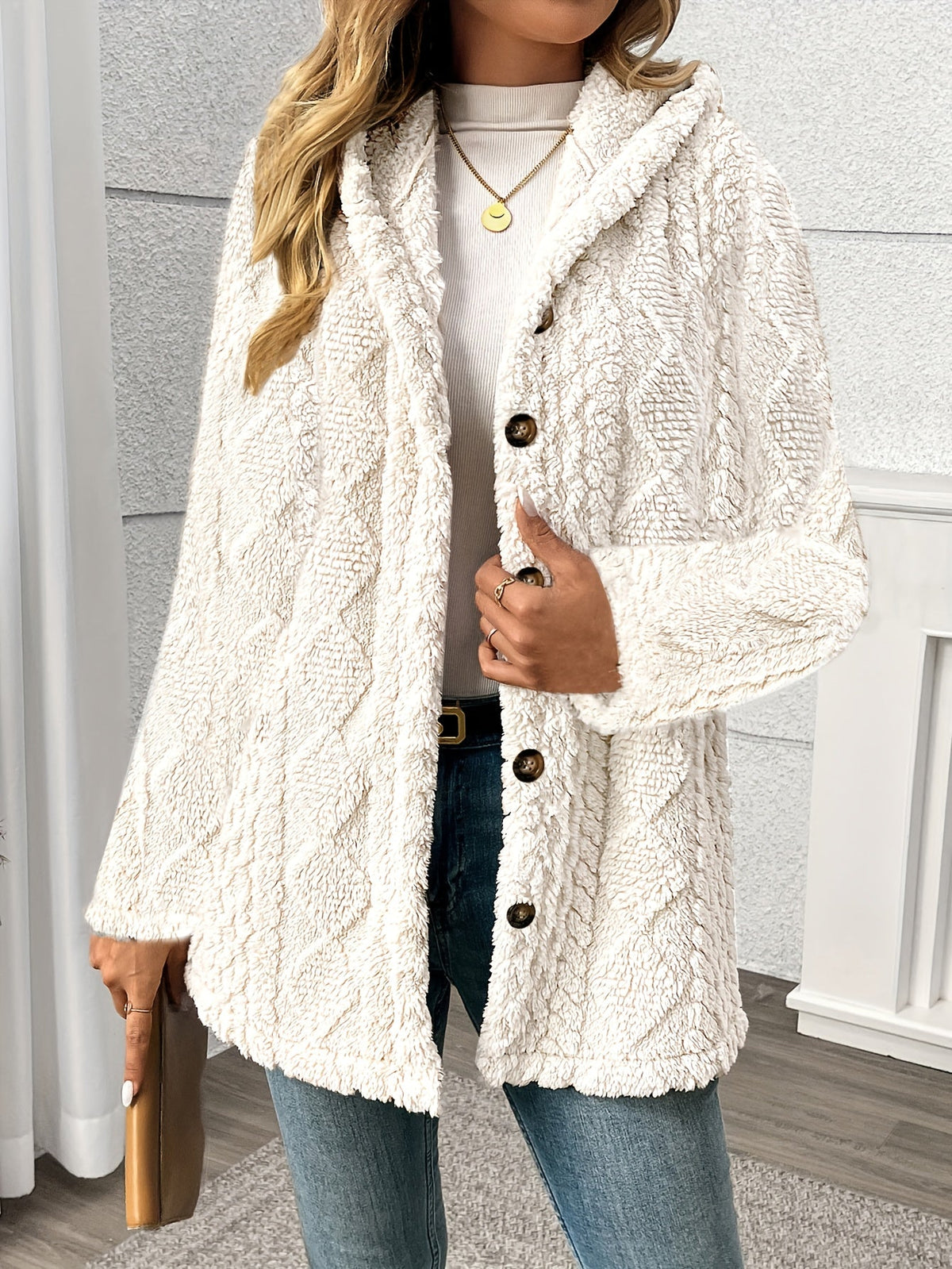 Gema | Chaqueta teddy con capucha y textura de rombos