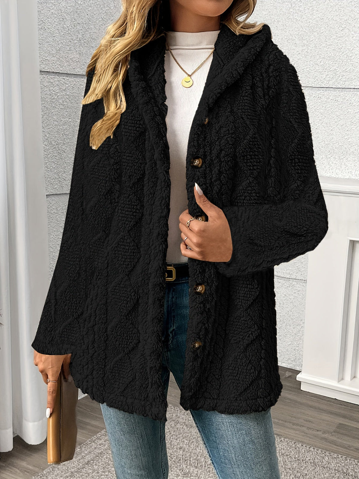 Gema | Chaqueta teddy con capucha y textura de rombos