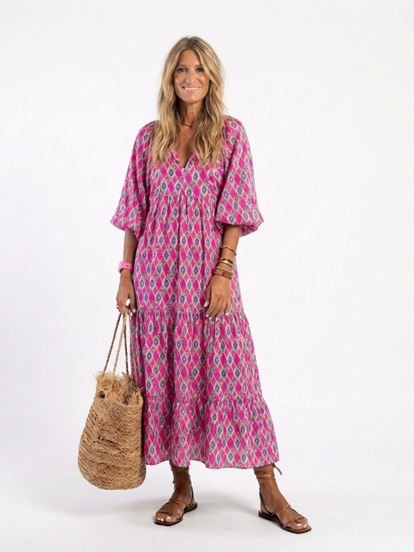 Vega | Vestido Midi Estampado Manga Tres Cuartos