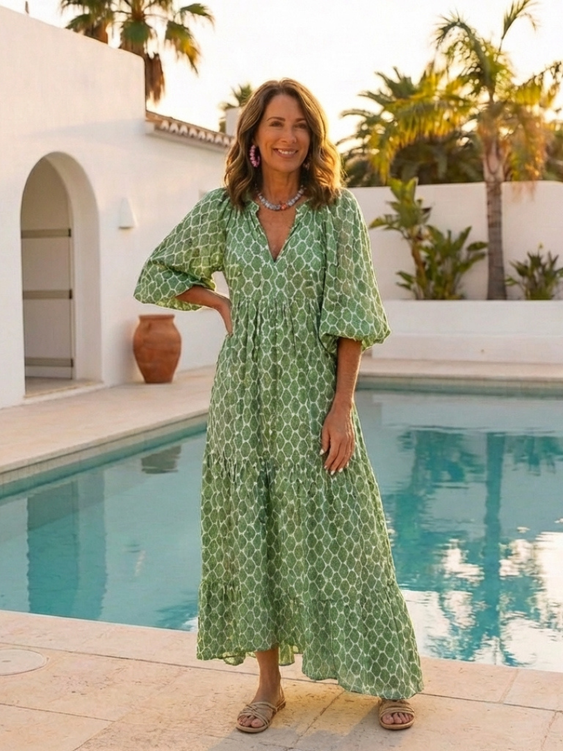 Vega | Vestido Midi Estampado Manga Tres Cuartos
