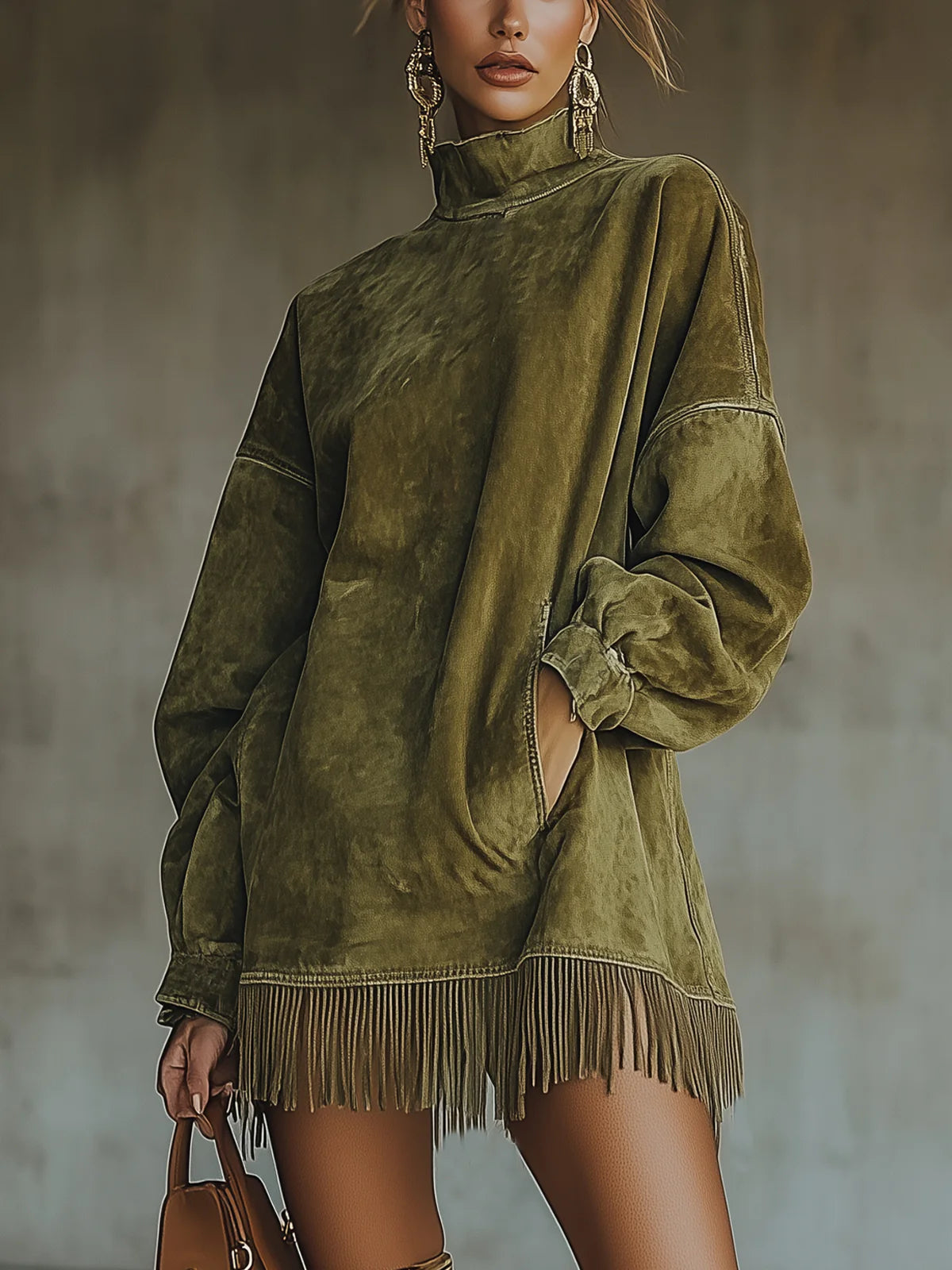 Ángela | Vestido de cuello alto con sutiles flecos
