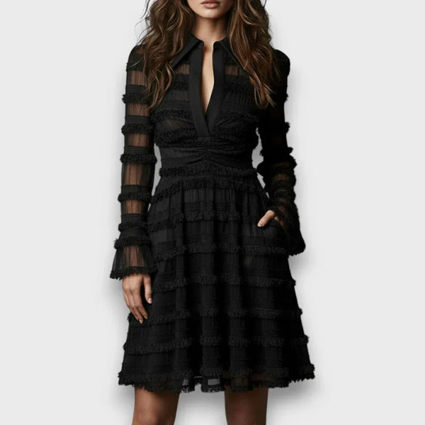 Abril | Vestido midi con flecos y capas transparentes