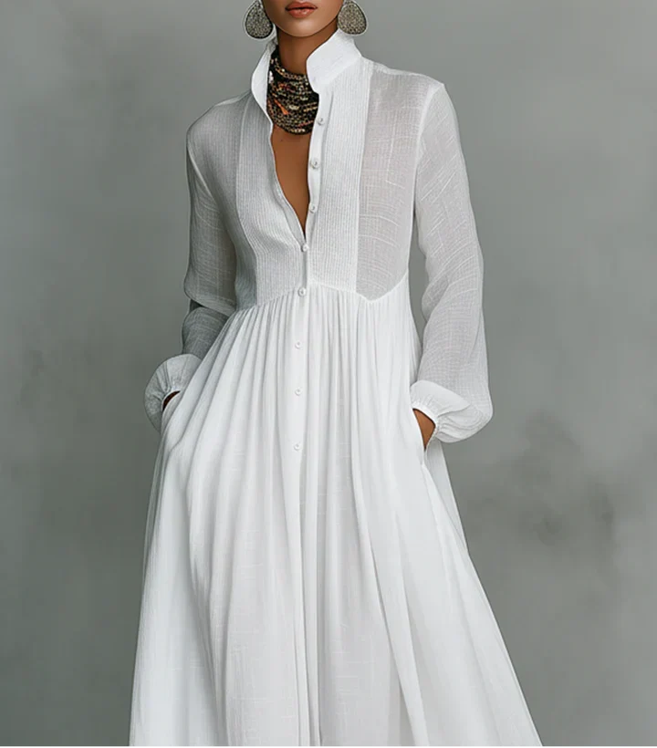 Luna | Vestido maxi minimalista plisado con cuello camisero
