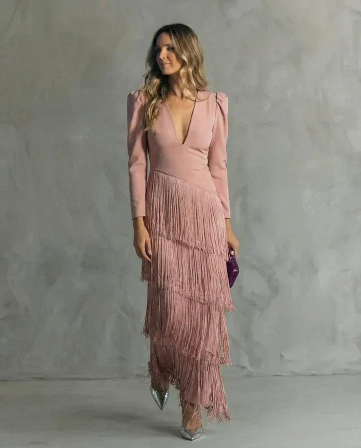Itziar | Vestido midi elegante con mangas de flecos