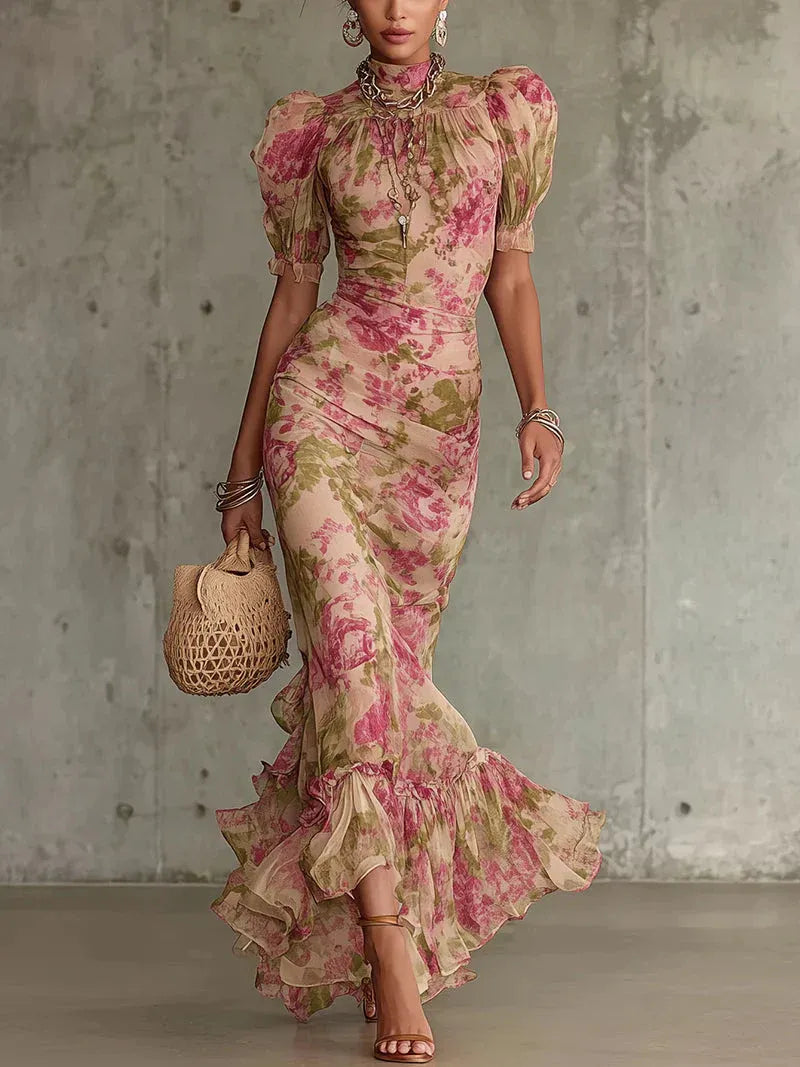 Berta | Vestido largo con estampado vintage de rosas y mangas abullonadas