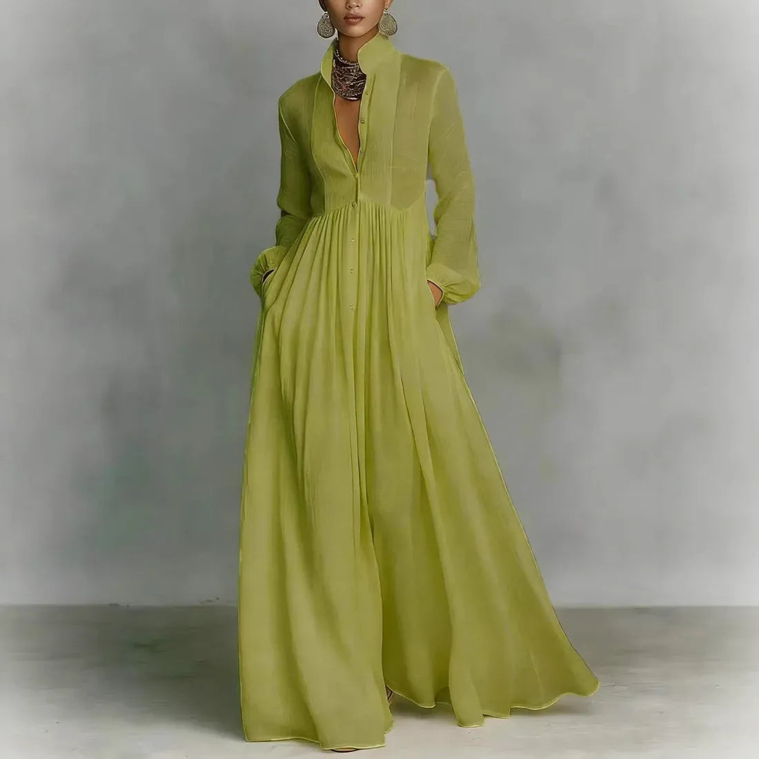 Luna | Vestido maxi minimalista plisado con cuello camisero