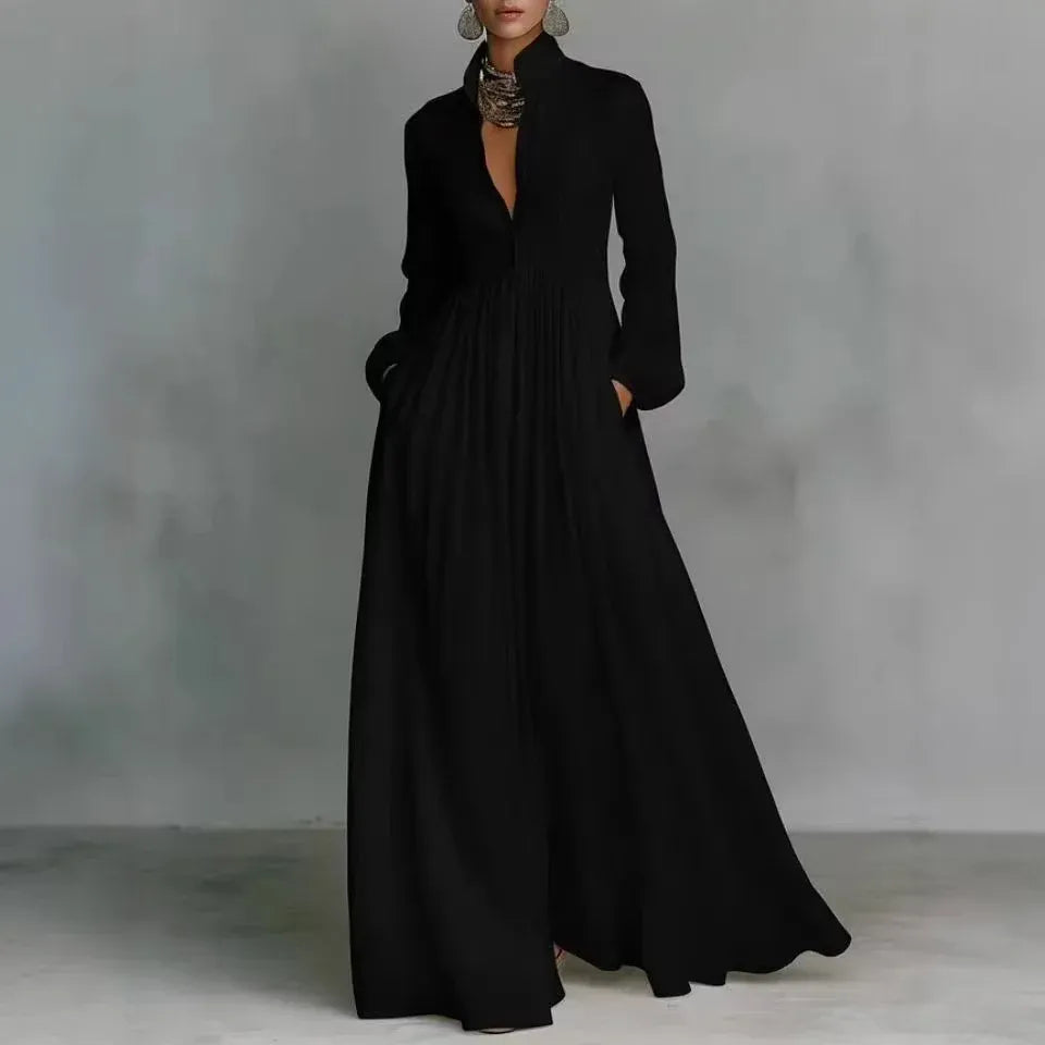 Luna | Vestido maxi minimalista plisado con cuello camisero