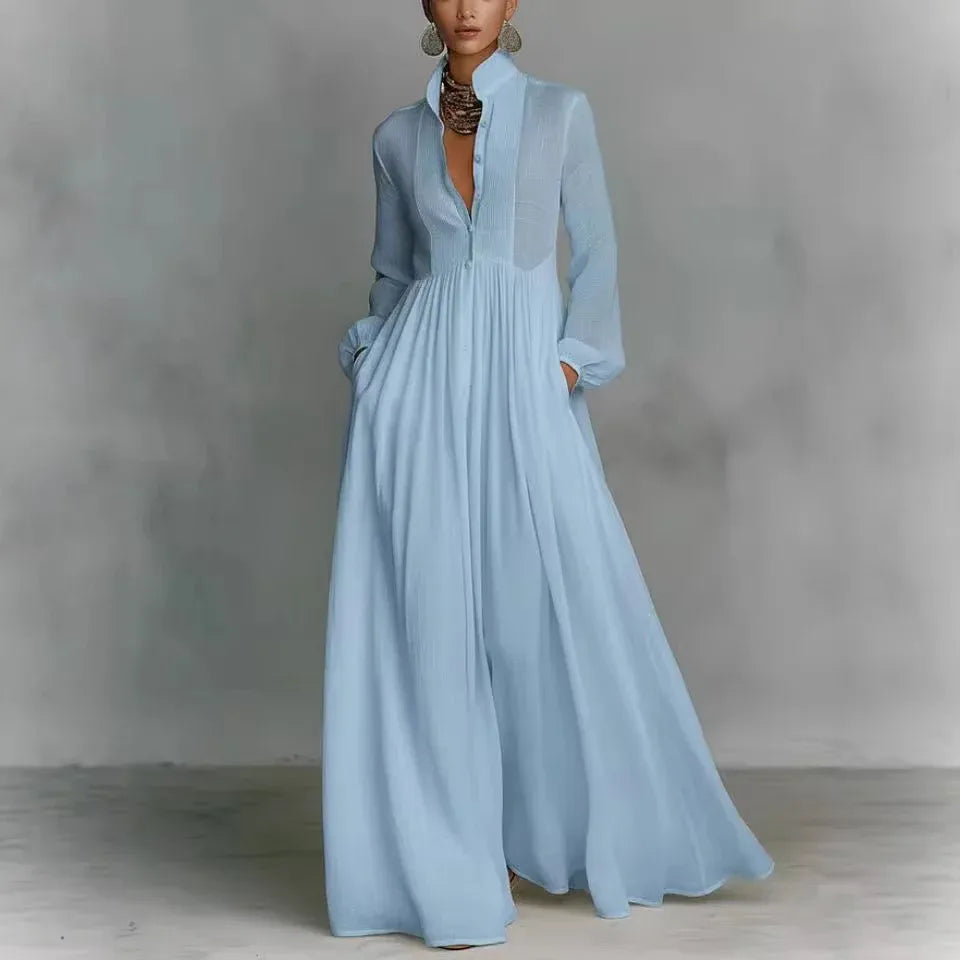 Luna | Vestido maxi minimalista plisado con cuello camisero