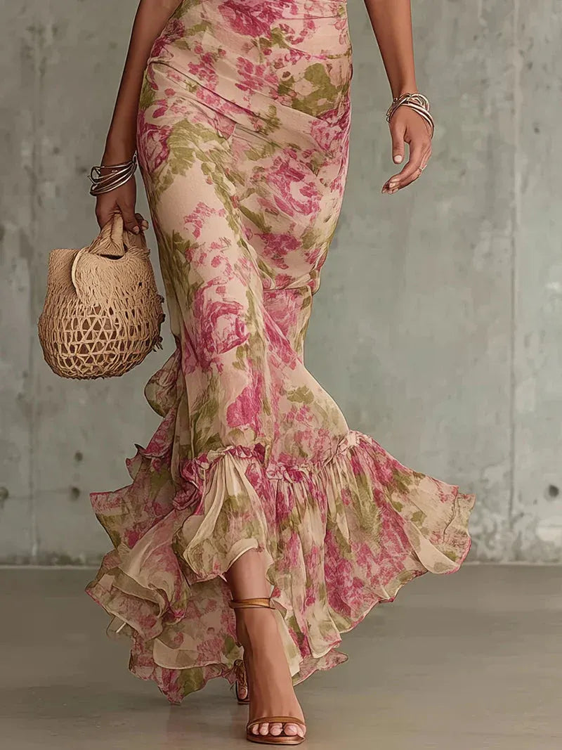 Berta | Vestido largo con estampado vintage de rosas y mangas abullonadas