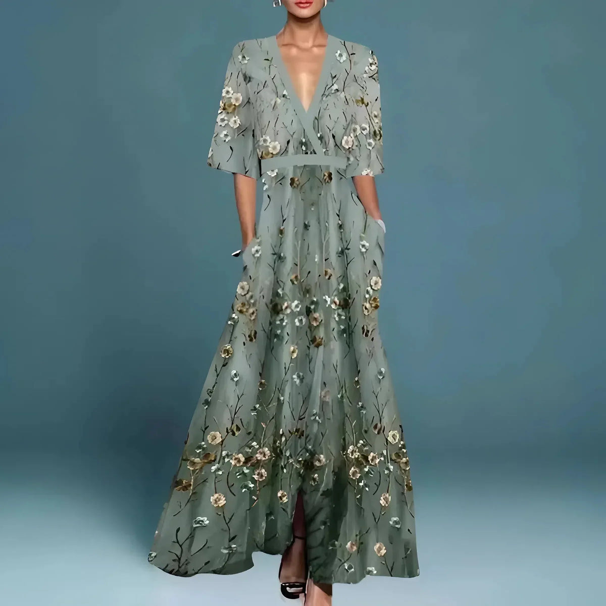 Naiara | Vestido maxi elegante con escote en V y estampado floral